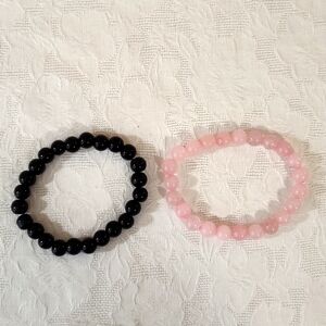 2 Gemstone Crystal Unisex Stretch Beaded Bracelets - Hematite & Smoky Quartz